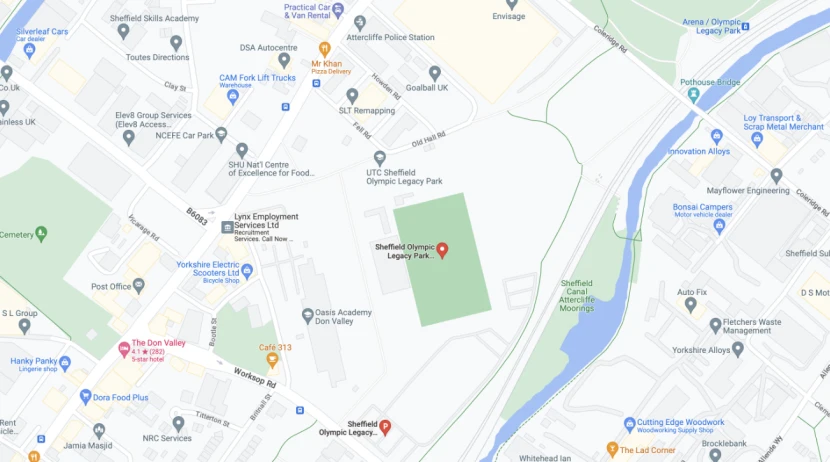Map showing location of Sheffield Olympic Legacy Park and Canon Medical Arena